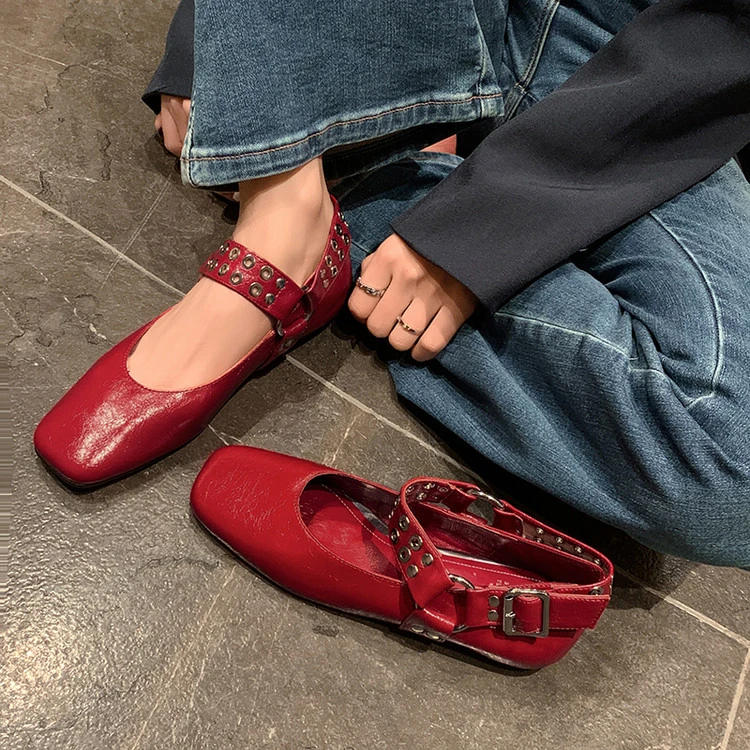 【雨嘉】3CM法式优雅铆钉方头玛丽珍鞋新品软底平底单鞋女
