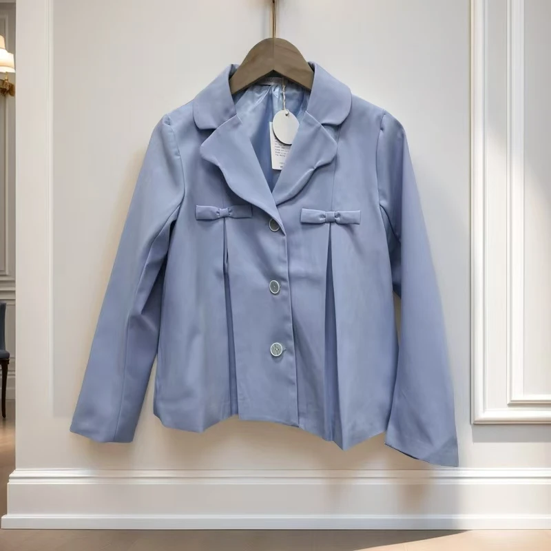 2025女童新款蓝色长款时尚休闲西装舒适透气翻领