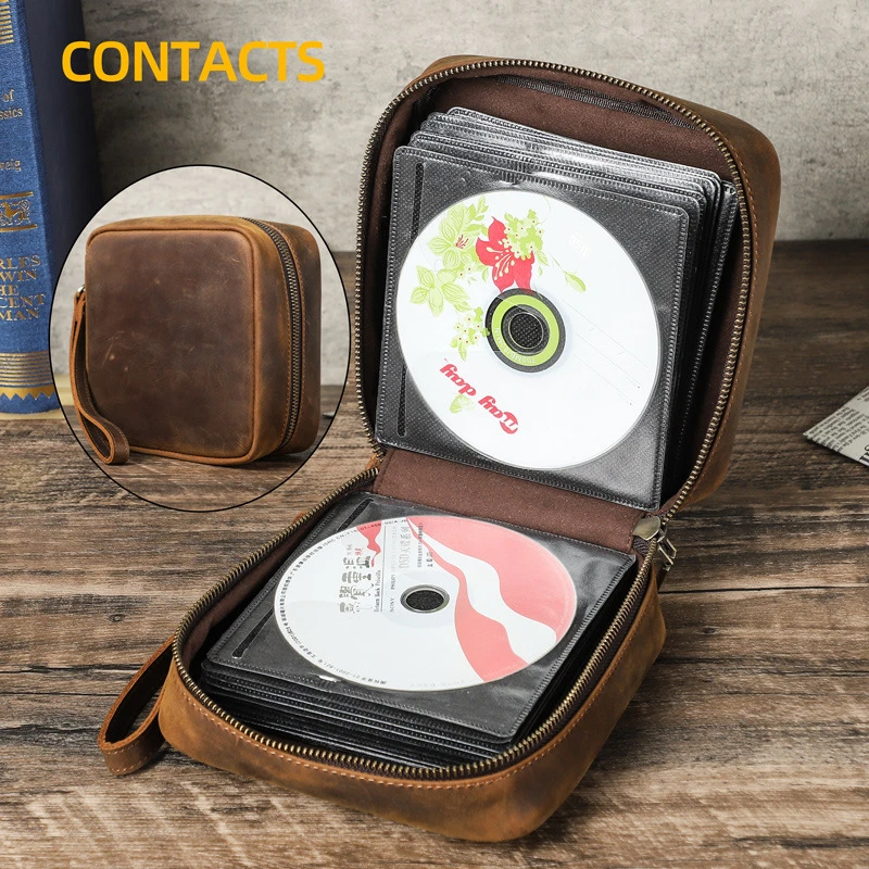 复古疯马皮CD碟片光盘收纳盒56张车载真皮光盘包配手腕便携碟片盒
