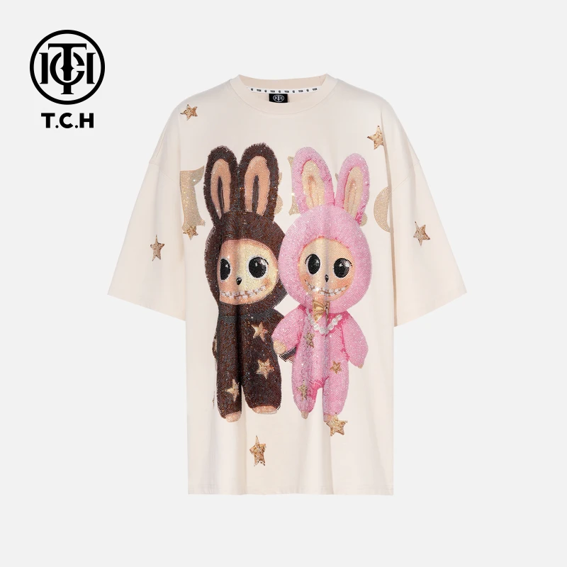TCH烫钻工艺时尚休闲百搭气质重工T恤女T75C10E9053轻奢tch