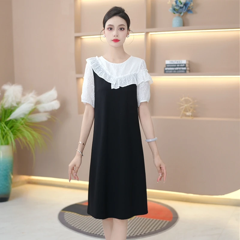 夏季新款连衣裙花边蕾丝设计感拼色显瘦小黑裙中长裙气质裙子女