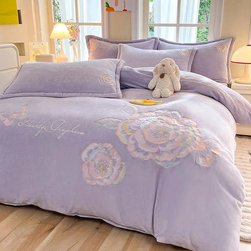 【5989】冬季加厚7斤重牛奶绒刺绣四件套l