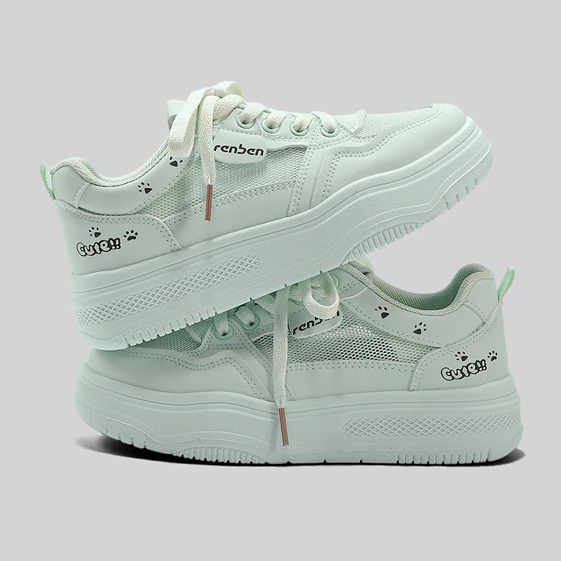 人本绿色板鞋女2025春秋新款网面厚底增高舒适透气百搭运动休闲鞋