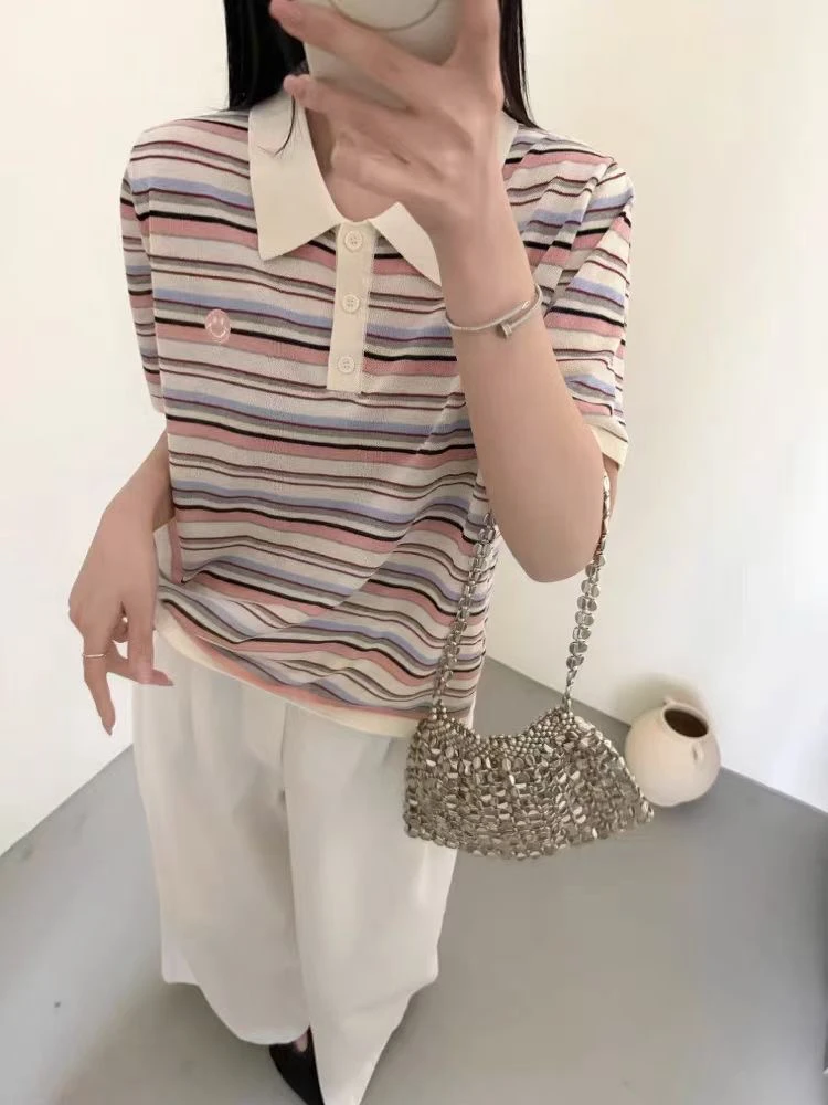 〔笑脸粉条纹〕〔不可机洗〕欧货夏款复古刺绣笑脸撞色条纹针织短袖
