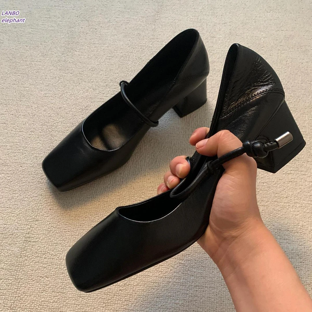 羊皮版~法式通勤高跟玛丽珍鞋真皮方头浅口一字带复古粗跟单鞋女