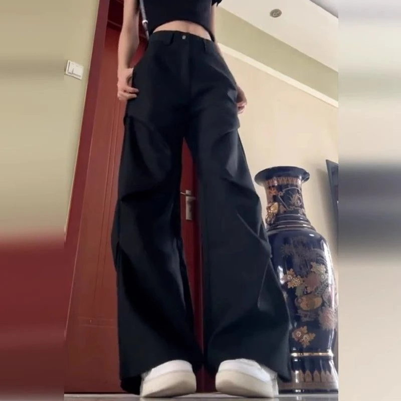 工装黑色休闲裤直筒阔腿裤子女夏季新款女薄款高腰长裤设计感小众