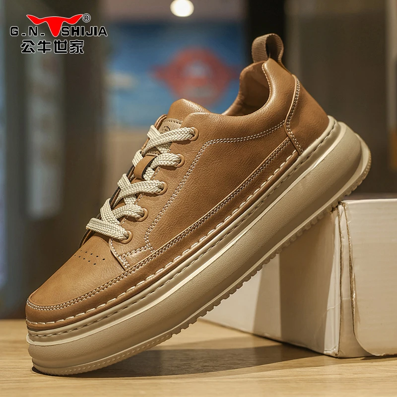 公牛世家工装鞋男2025秋季透气百搭厚底增高运动男士休闲皮鞋搭子