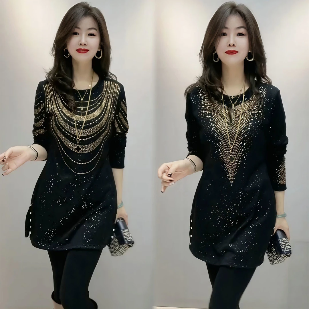 黑色烫钻中长款连衣裙秋冬新款时尚加绒保暖宽松遮肉气质百搭打底