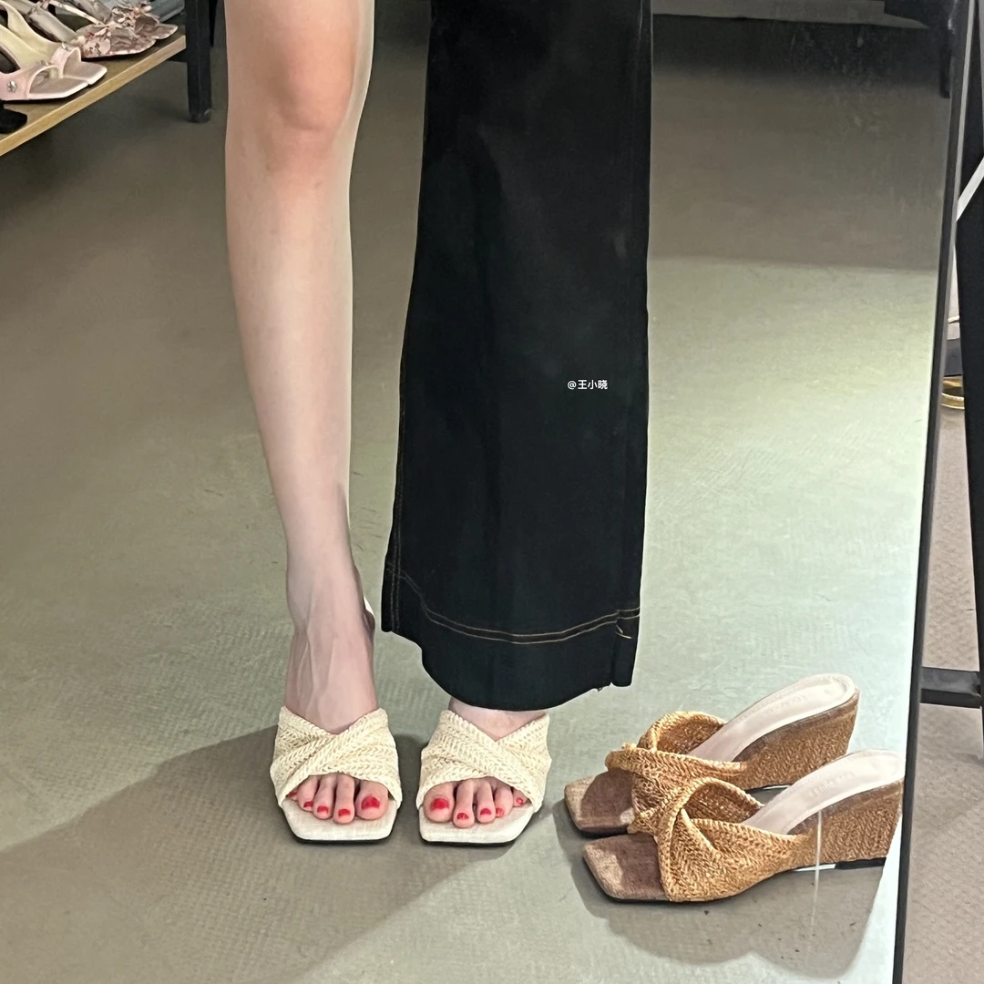 半拖2025夏季圆头坡跟鞋ins春夏编织拼接胶粘凉鞋网红田园风