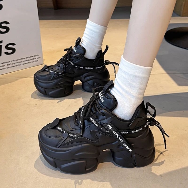 皮面老爹鞋女超火2025秋季新款8cm运动休闲鞋百搭厚底增高女鞋子