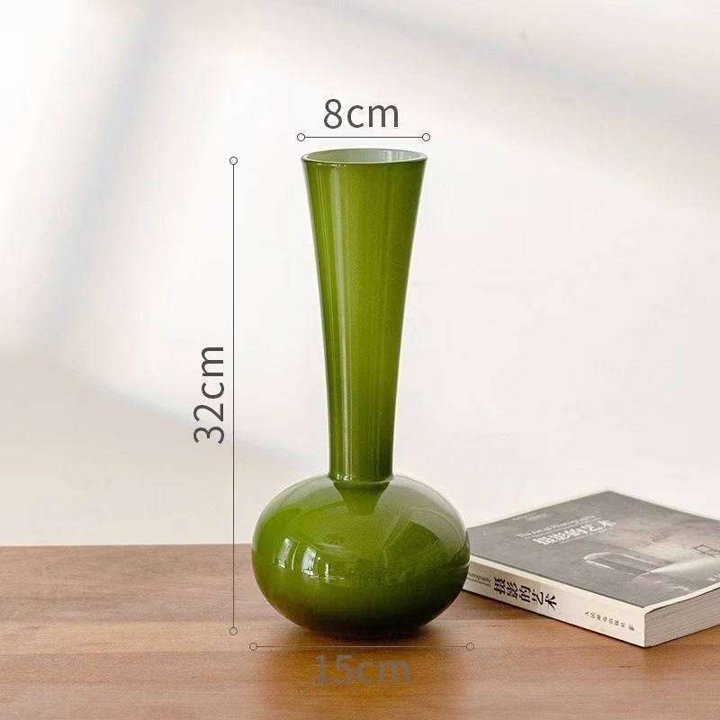 高级感绿瓷天鹅颈玻璃花瓶中式风橄榄绿手工客厅装饰摆件水培花瓶