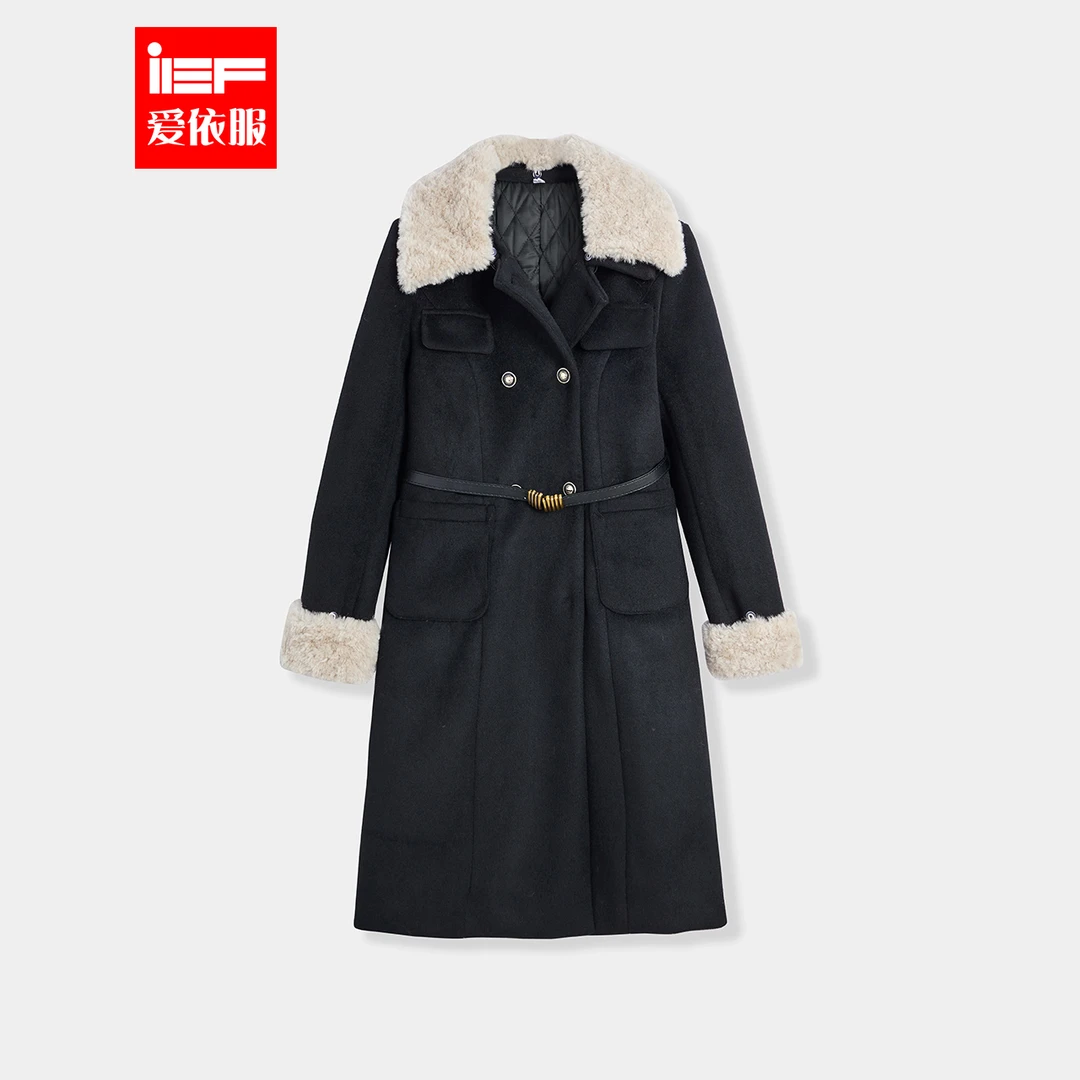 爱依服2025冬新款小个子黑色24K战袍中长款加厚呢绒长外套女