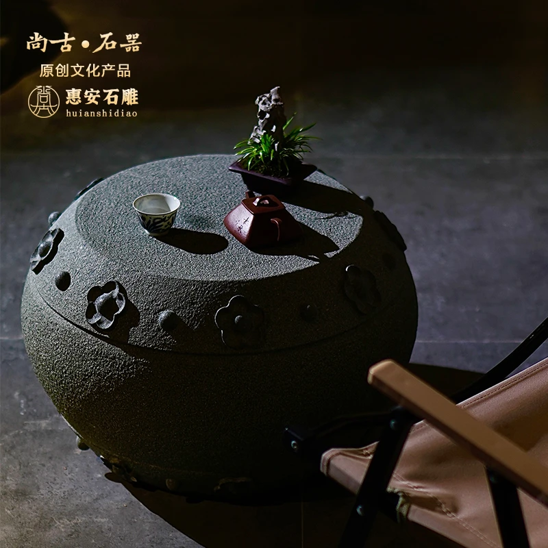 尚古石器 天然青石梅花鼓凳石座 香几案台盆栽托架 家居装饰品