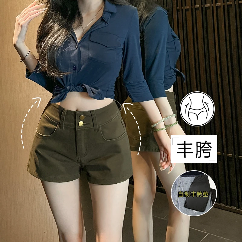 咖色丰胯辣妹高腰牛仔短裤女2025年夏新款紧身显高弹力超短热裤子