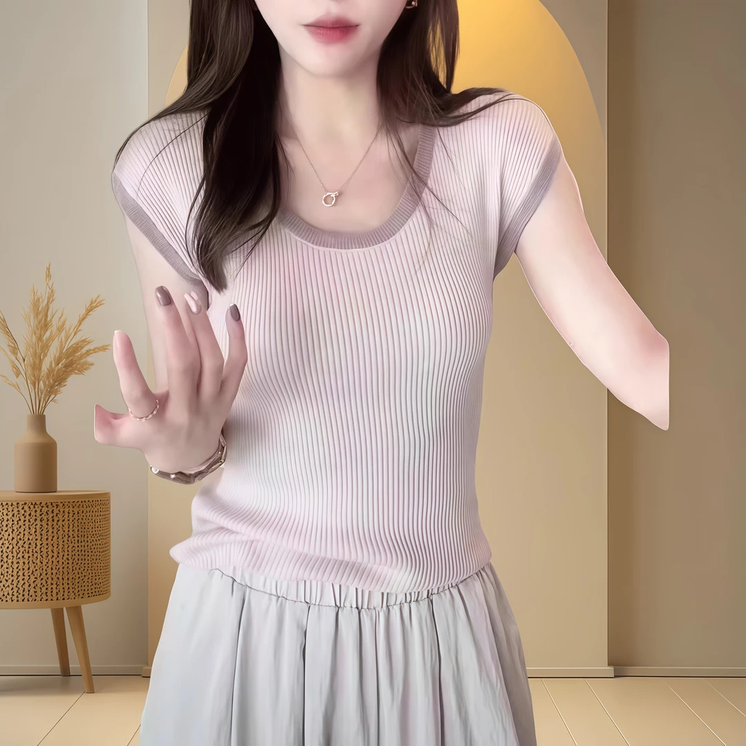 韩系新款修身显瘦拼色圆领短袖针织衫女夏季简约百搭绝美薄款上衣