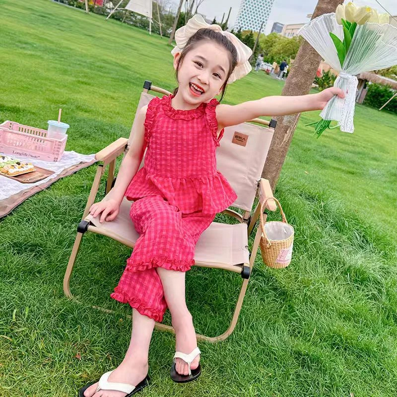 女童2025夏装红格木耳花边无袖套装女宝儿童阔腿裤套装L-B-B15
