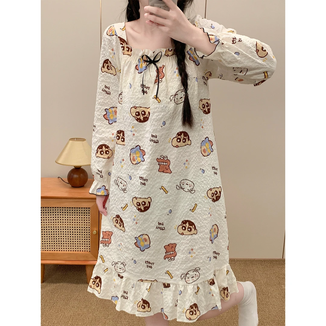 小新小白公主风睡裙女款春秋季带胸垫可爱长袖睡衣裙秋冬款家居服