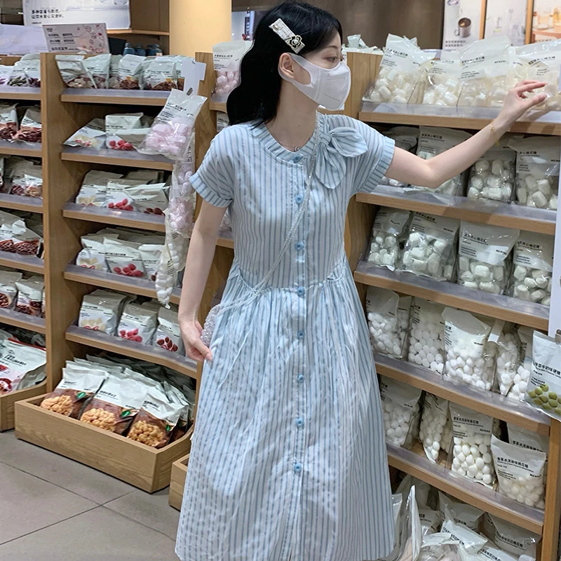 大童女学院风百搭初恋衬衫长裙夏季新款少女孩学生蓝白条纹连衣裙