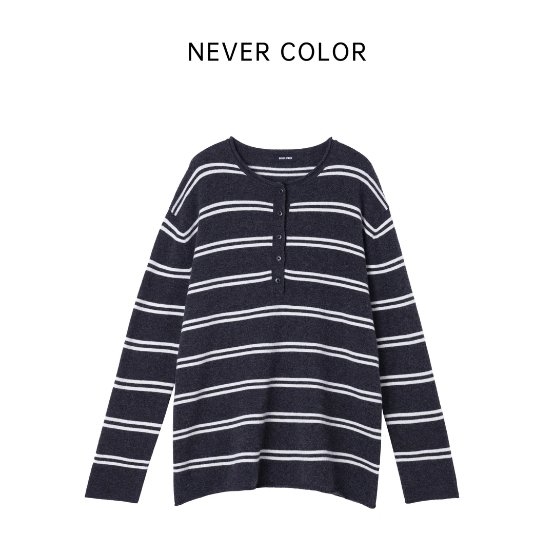 NEVER COLOR【黑松露】深灰条纹针织毛衣秋冬显瘦宽松长袖上衣女