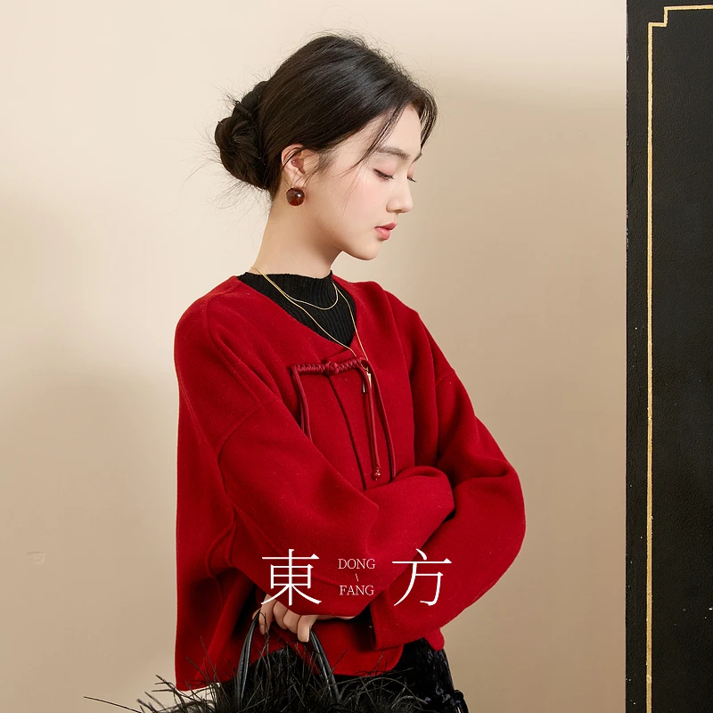 1874三彩【雪影芳华】冬季新款新中式双面呢大衣绵羊毛毛呢外dbq