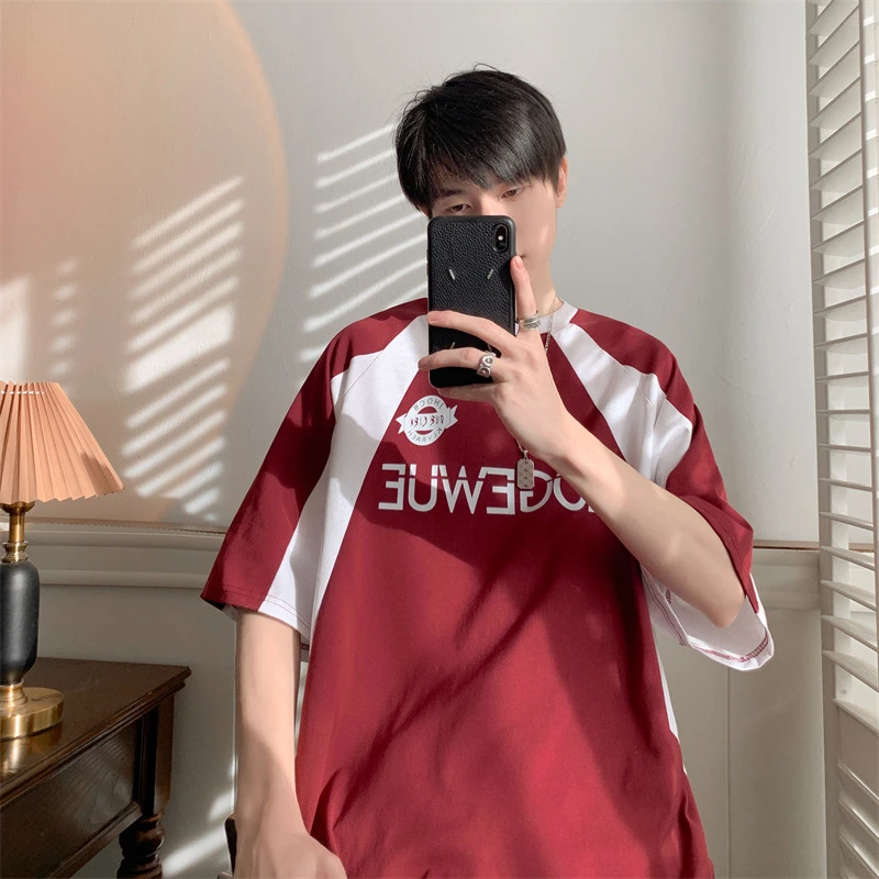 甄选美式宽松插肩袖短袖T恤男生夏季潮牌帅气宽松百搭圆领上衣t恤