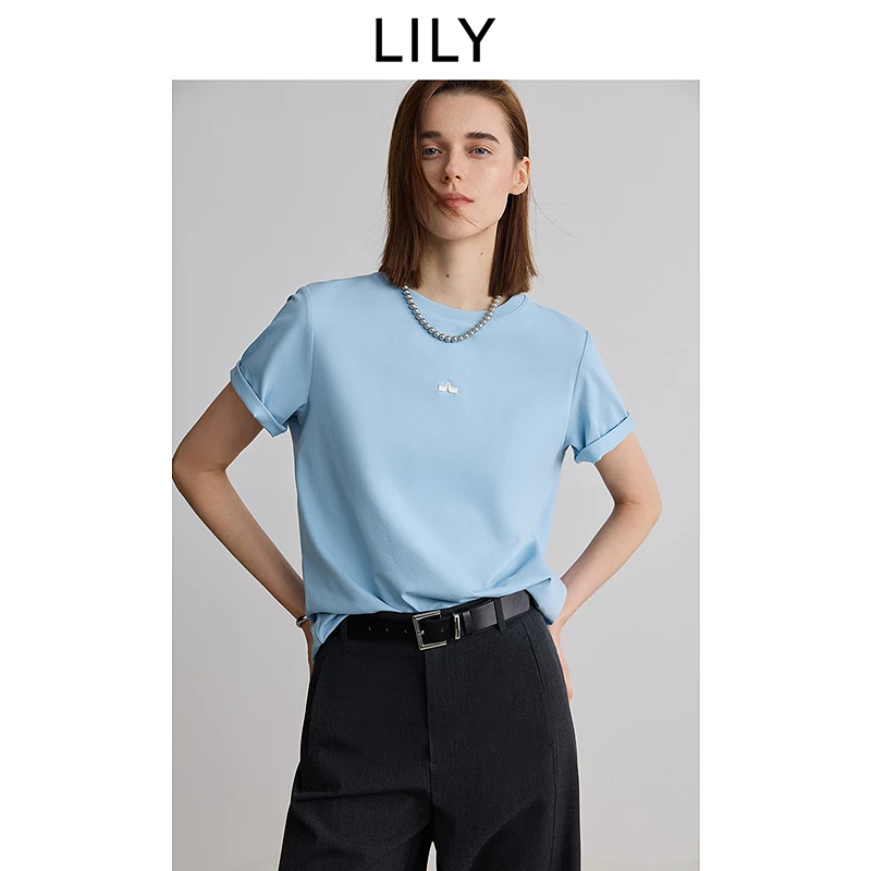 凉感T恤LILY2025夏女装圆领百搭通勤短袖125219VT902