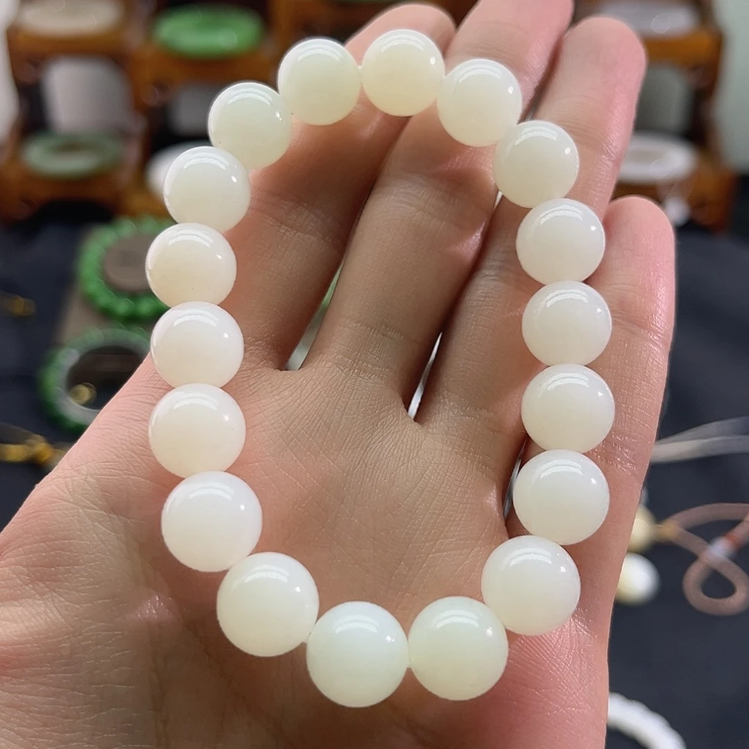 和田玉未镶嵌颈饰白玉-俄料-12mm手串