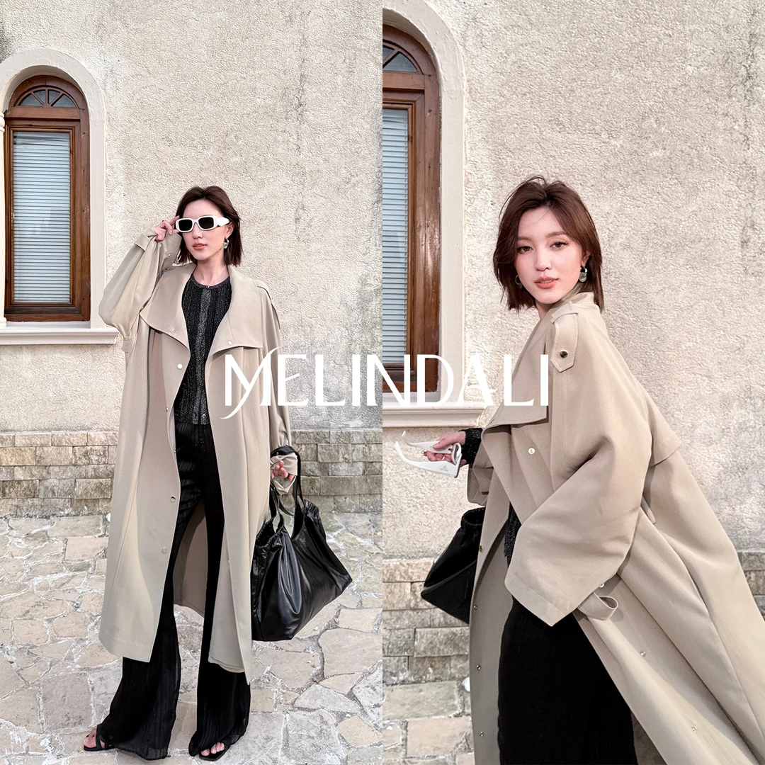 Melinda Li【邦德风衣】优雅通勤老钱风阔版醋酸翻立领长款风衣外套