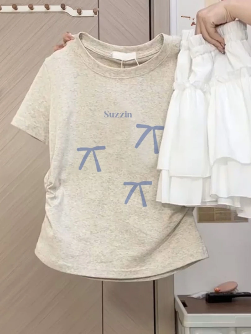 2025新款纯棉白色短袖t恤女洋气收腰修身显瘦正肩褶皱上衣ins潮