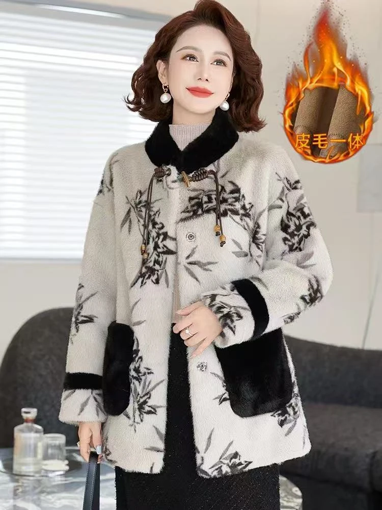 【水墨画】冬季保暖中长款印花短外套黑色时尚设计师重工