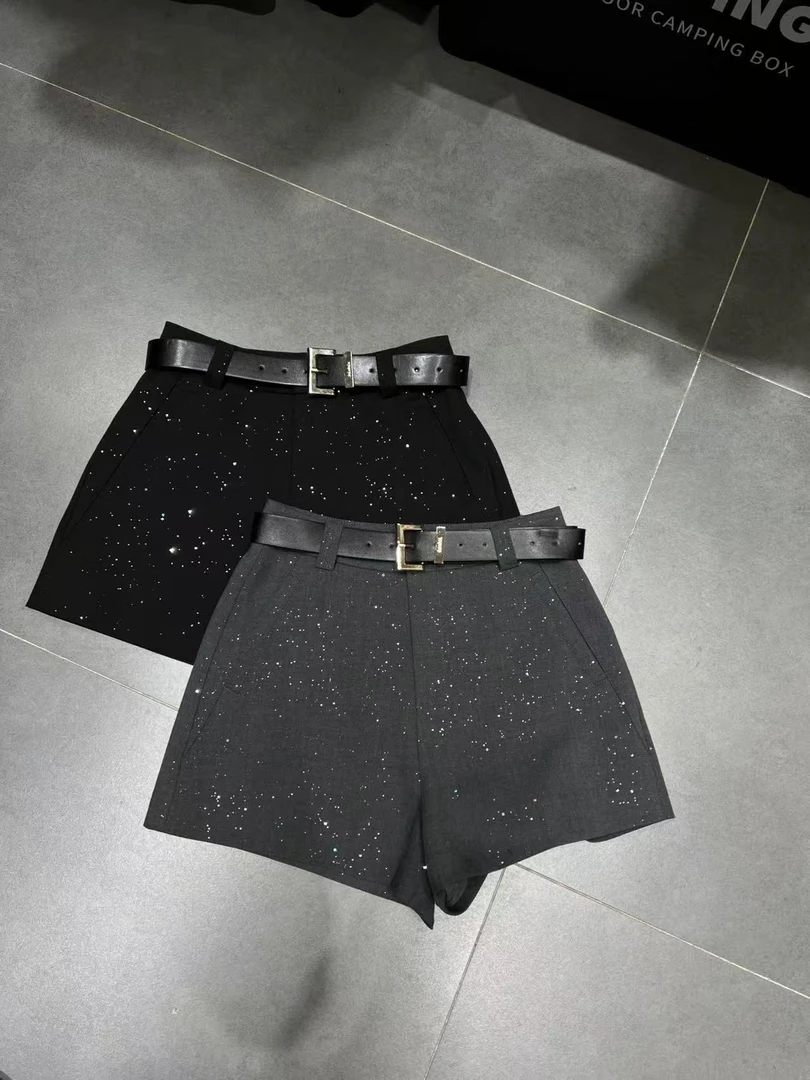 5867#欧洲站亮闪闪春夏短裤女高腰外穿阔腿靴裤a字休闲裤子