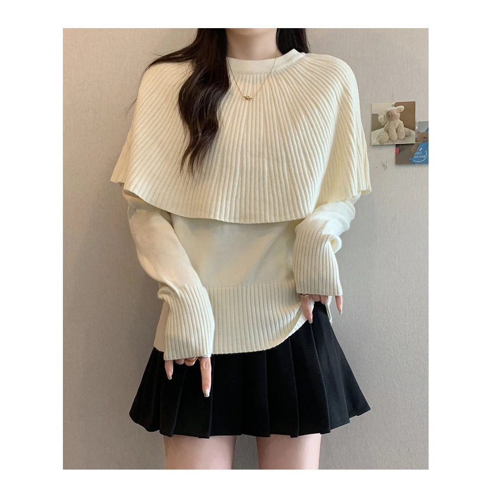 大码女装胖mm韩系氛围感拼接披肩假两件针织衫圆领减龄毛衣秋冬季