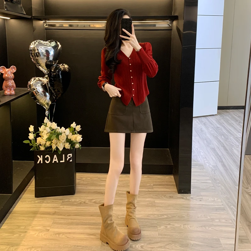 纯色V领不规则针织长袖上衣女春秋休闲显瘦开衫牛仔半身裙子套装