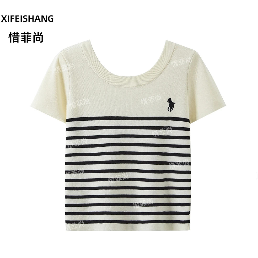 2025夏季新款大码女装胖mm显瘦遮肚欧货方领正肩短袖T恤条纹上衣