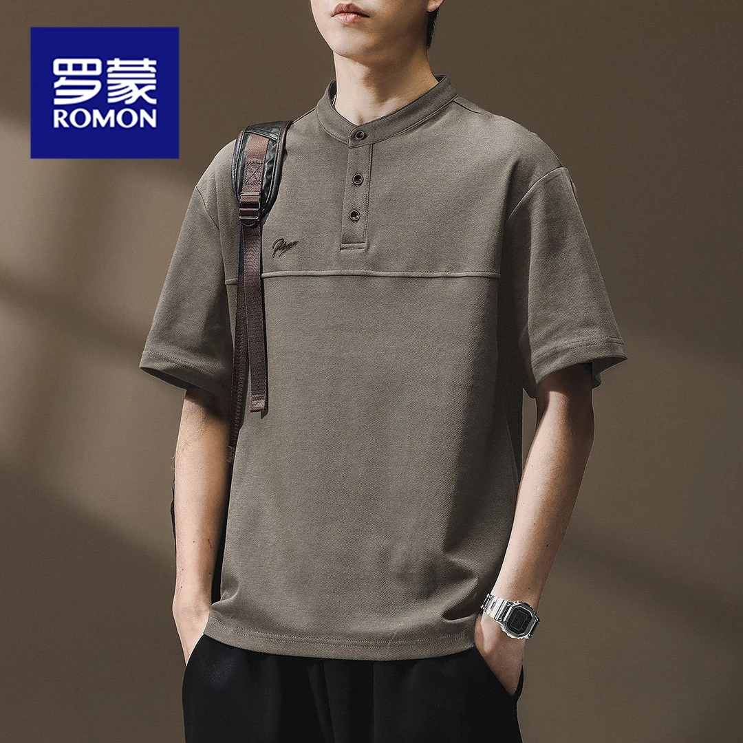 罗蒙拼接冰丝短袖T恤男士圆领潮流半截袖休闲夏季2025新款上衣服