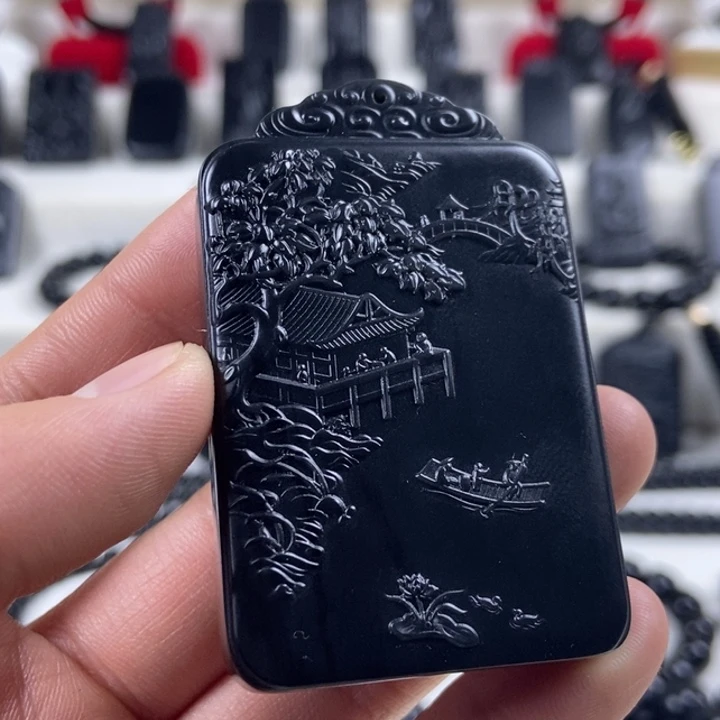 和田玉（墨玉）未镶嵌颈饰山水牌