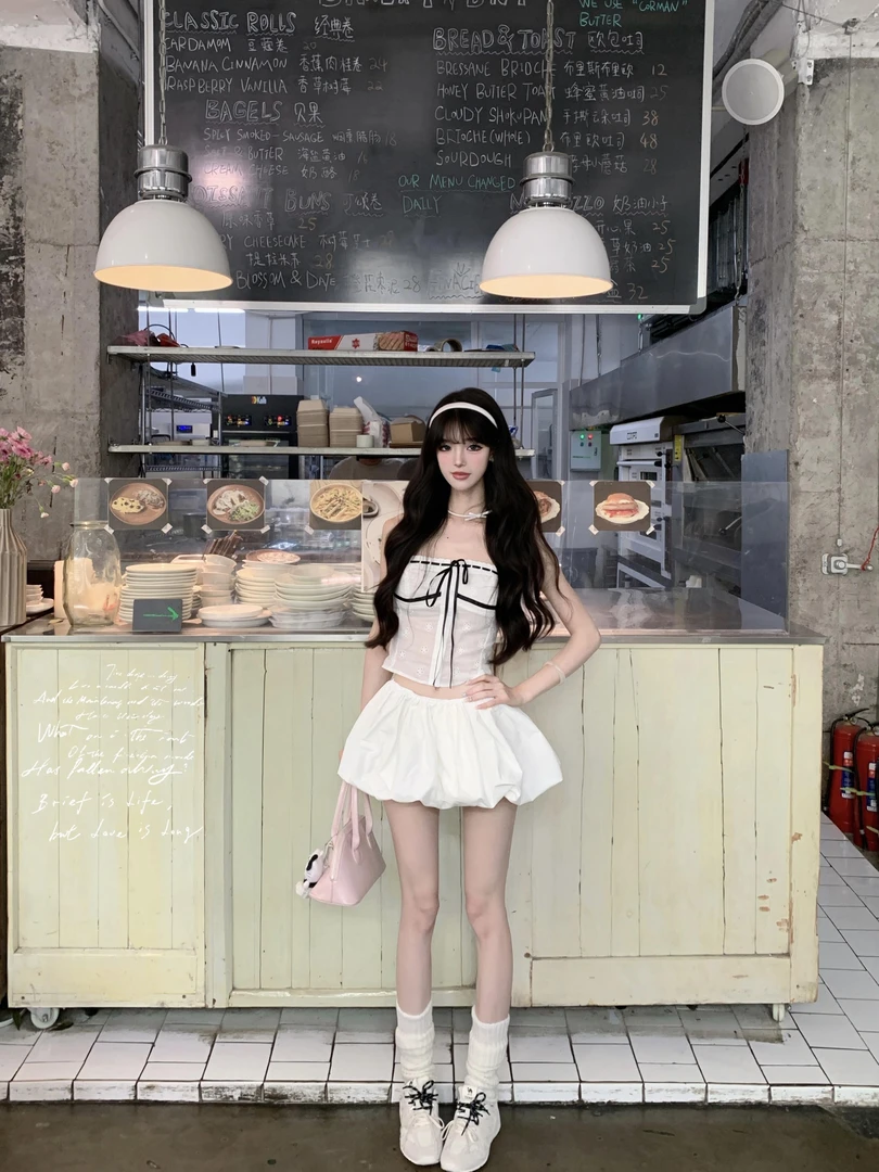 纯欲甜美夏季新款提花蕾丝花边抹胸背心收腰上衣女+高腰蓬蓬短裙