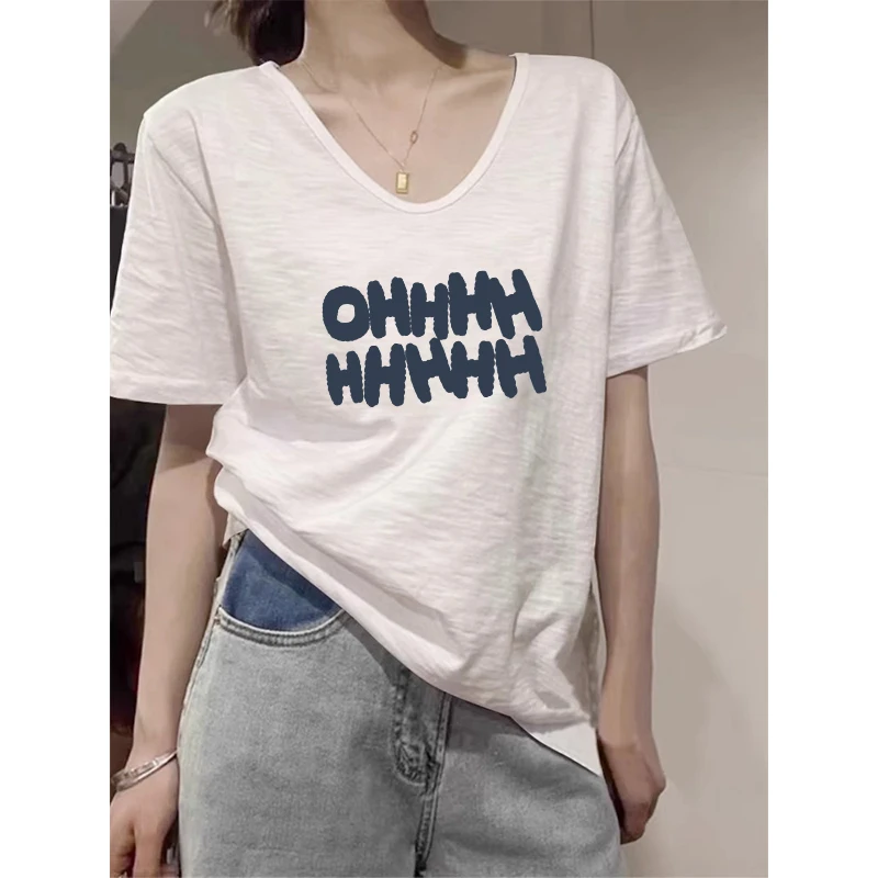 大码胖mm设计感V领竹节棉短袖T恤女士夏季纯欲风辣妹宽松显瘦上衣