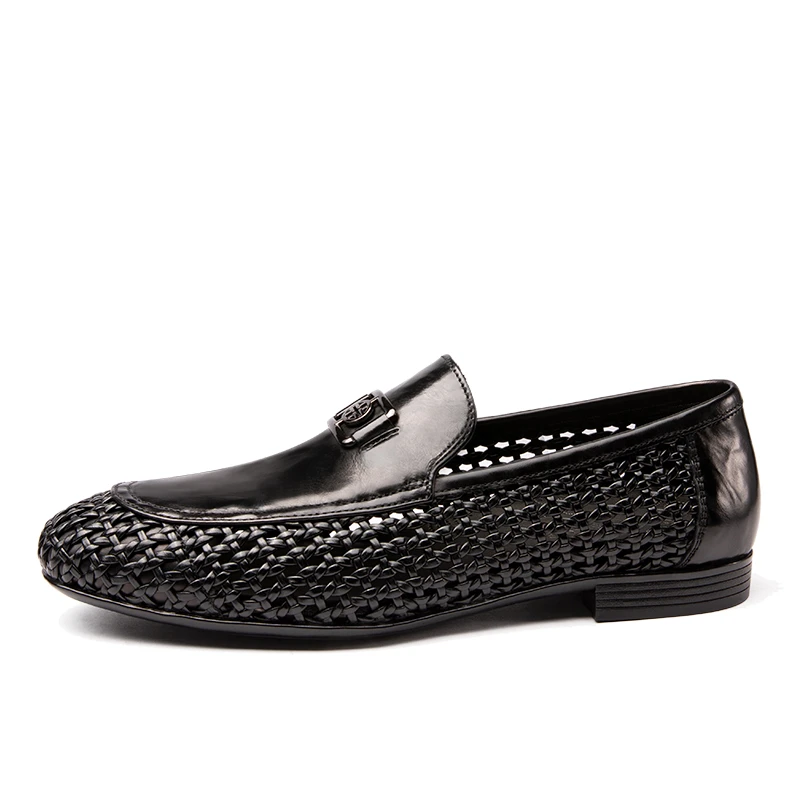 2025新款夏季镂空皮鞋男士休闲真皮一脚蹬男鞋编织软底透气凉皮鞋