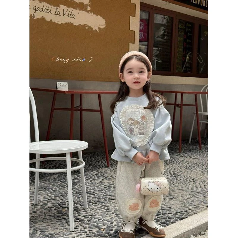 女童春秋款套装2025新款女宝宝贴布卫衣时髦休闲裤春款两件套潮