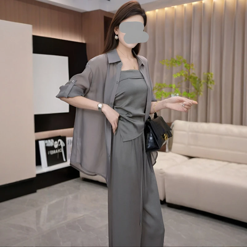 2025夏季气质休闲套装防晒衬衫吊带背心阔腿裤显瘦女神范三件套装