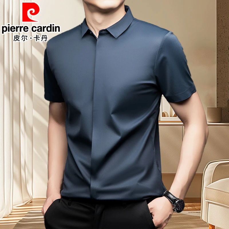 皮尔卡丹高级感轻奢商务短袖衬衣桑蚕丝短袖衬衫男抗皱免烫夏秋季