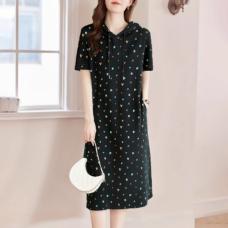 FANGNISHI/芳妮诗休闲连帽连衣裙女夏季2025新款大码妈妈女装裙子