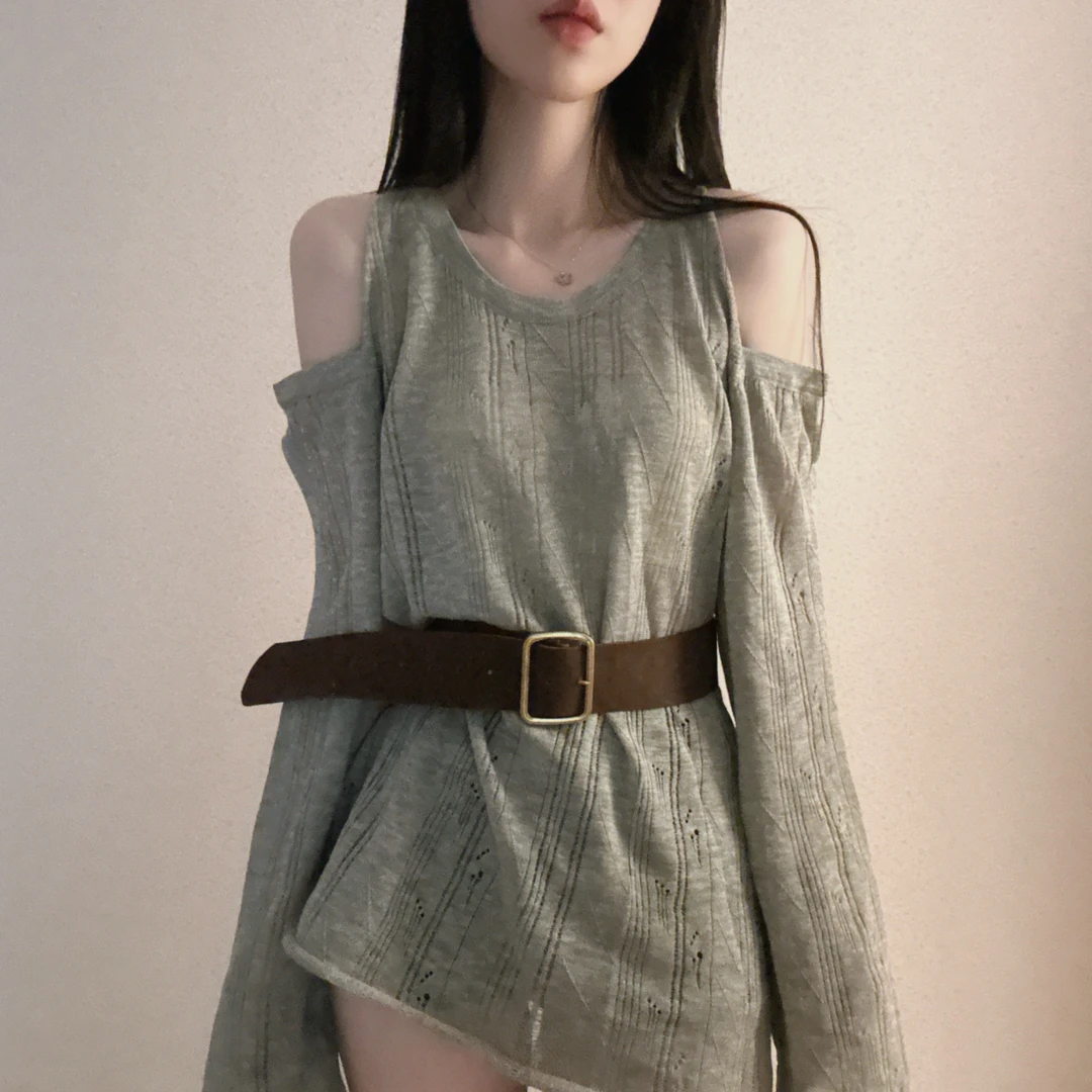 韩版时尚系带收腰镂空露肩设计感宽松百搭长袖针织上衣配腰带