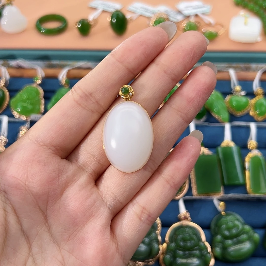 和田玉（白玉）18K金镶嵌吊坠(不含链)