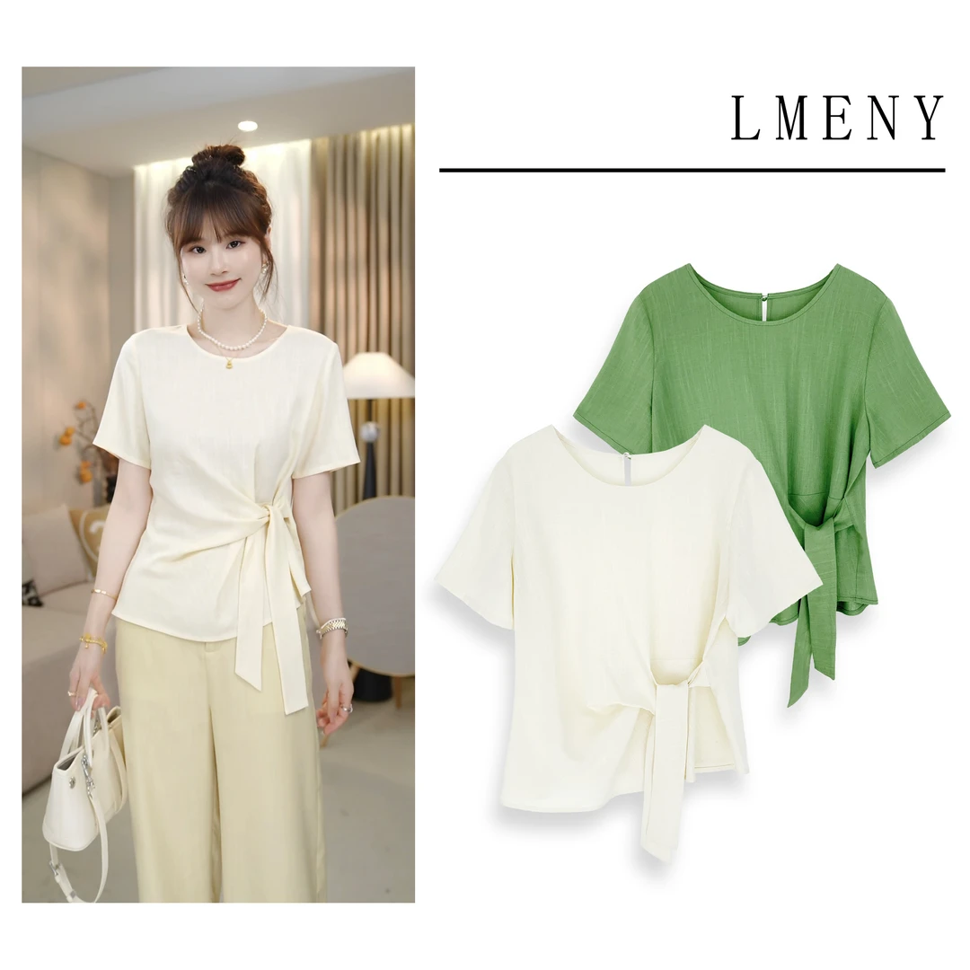 LMENY掐腰小心机！亚麻扭结收腰设计感显瘦小衫25BC009