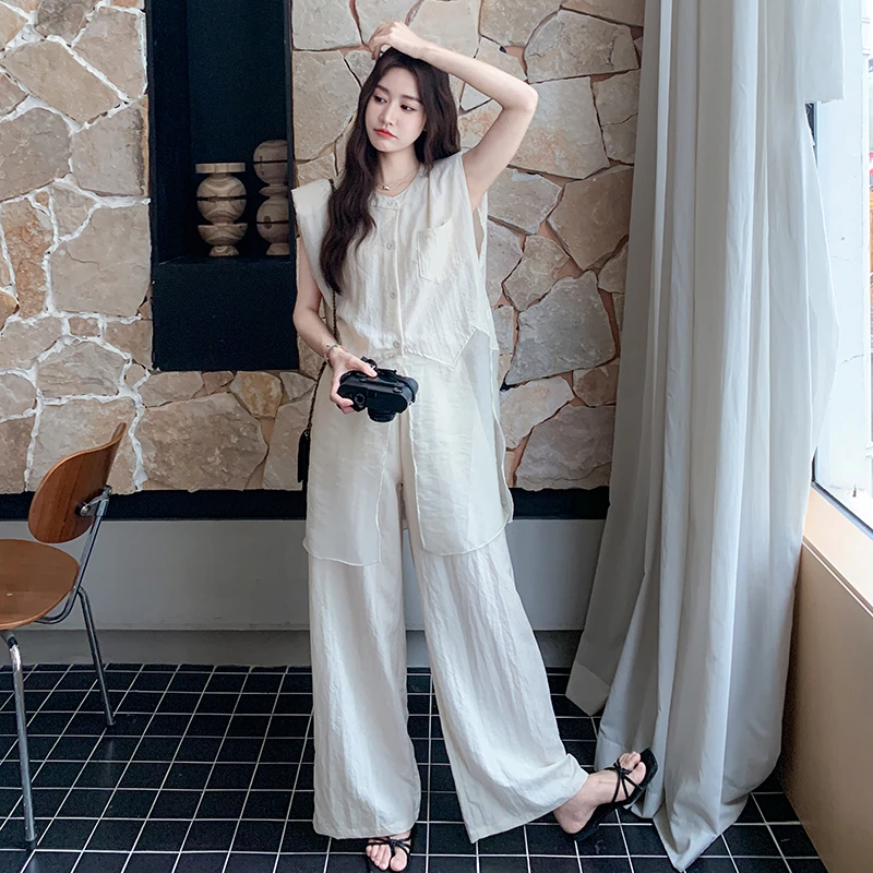 法式松弛感气质巨好看套装裤女2025夏季新款纯色上衣阔腿裤两件套