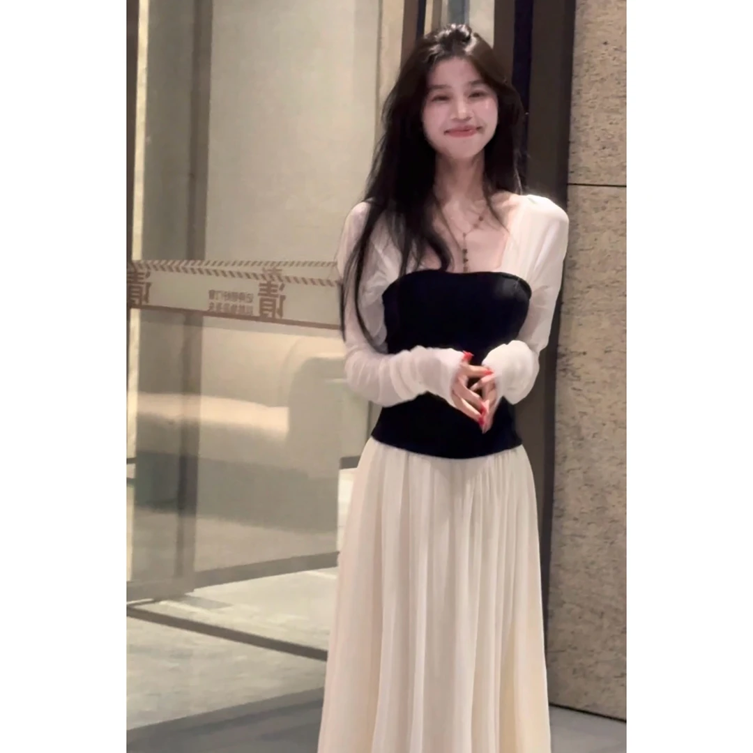 【喵喵】撞色拼接春夏抹胸长袖针织a字设计感长款连衣裙女 213