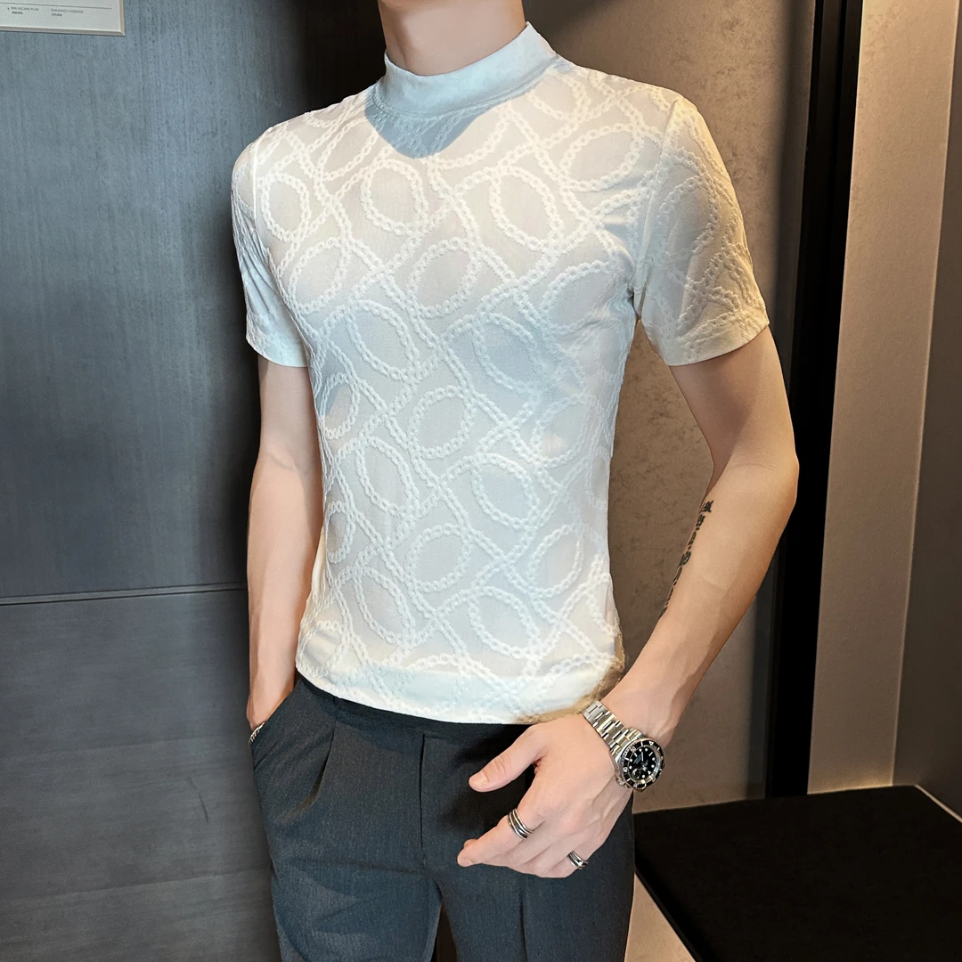 高级感半高领提花短袖打底衫男士秋季新款休闲网红弹力T恤男痞帅