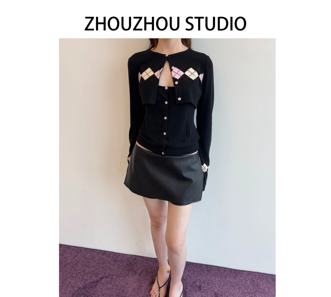【ZHOUZHOUSTUDIO】菱格纹开衫吊带两件套